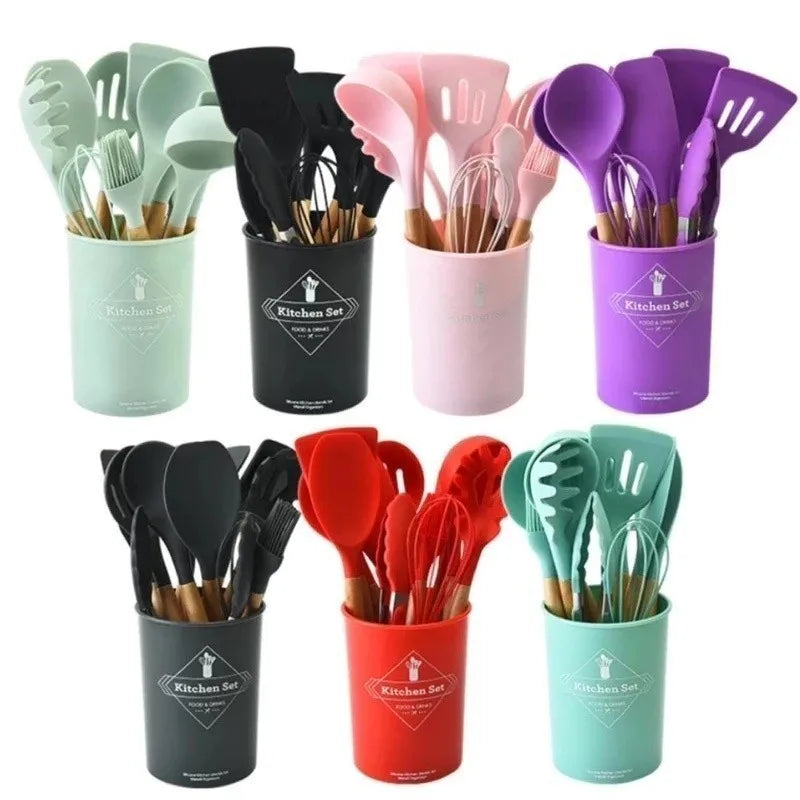 Kit de Utensílios de Cozinha - 12 peças  de silicone e madeira