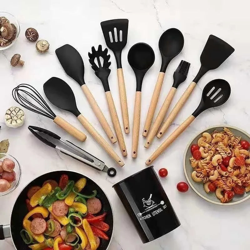 Kit de Utensílios de Cozinha - 12 peças  de silicone e madeira